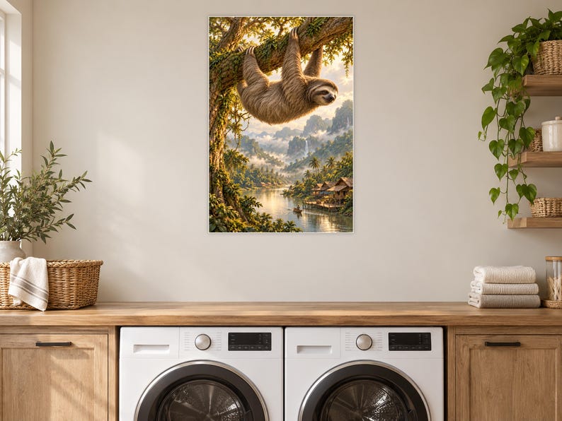 Sloth Art Print | Tropical River Village Fantasy Wall Decor image 11