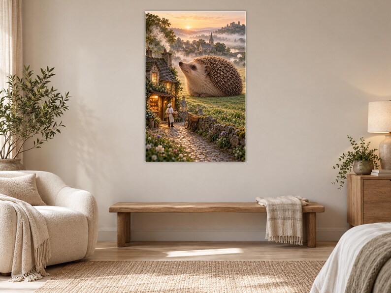 Hedgehog Art Print | Cozy Village Bakery Fantasy Wall Decor immagine 5