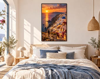 Lámina enmarcada de los acantilados de Santorini / Arte mural de la isla griega / Póster del mar Egeo y el Mediterráneo