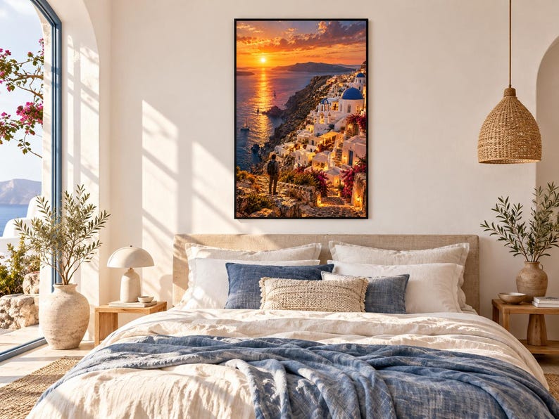 Framed Santorini Cliffs Print | Greek Island Wall Art | Aegean Sea Mediterranean Poster image 1