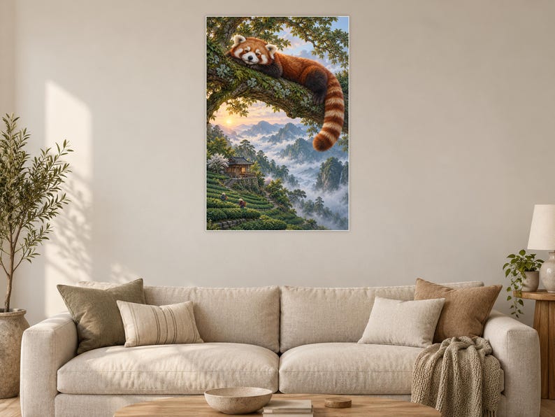 Red Panda Art Print | Misty Tea Garden Fantasy Wall Decor image 2