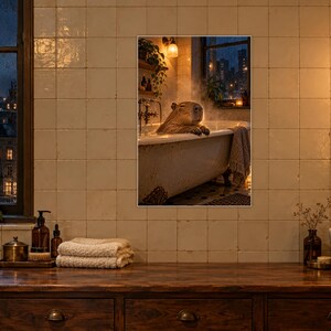 Capybara Bath Art Print | Cozy Amber Bathroom Wall Decor image 2