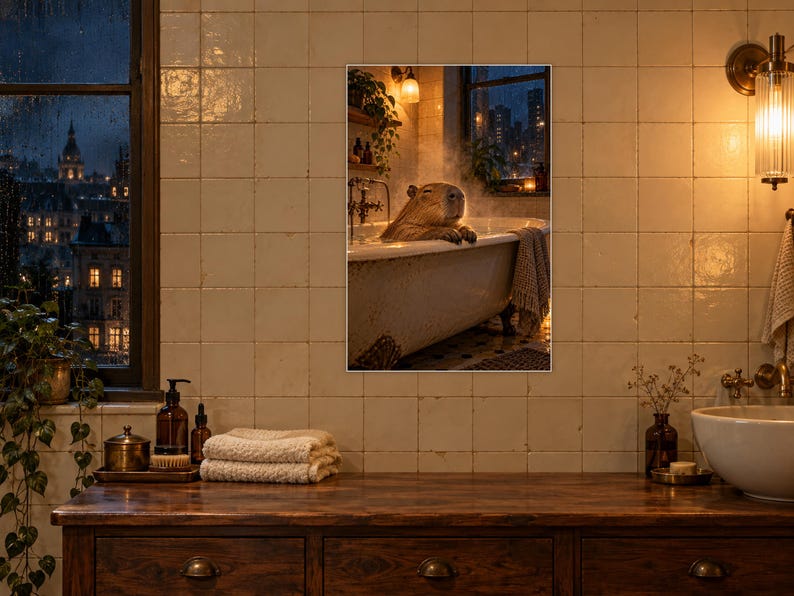 Capybara Bath Art Print | Cozy Amber Bathroom Wall Decor image 2