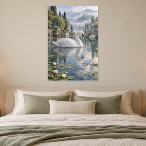 White Swan Art Print | Water Garden Fantasy Wall Decor bild 4