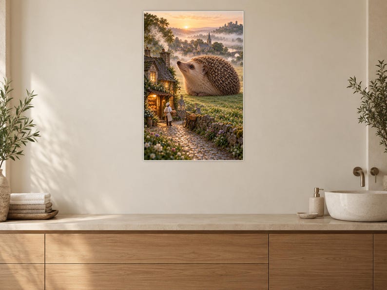 Hedgehog Art Print | Cozy Village Bakery Fantasy Wall Decor immagine 10