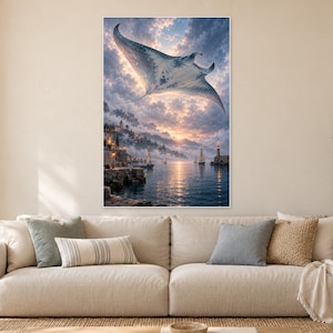 Flying Manta Ray Art Print | Dreamlike Coastal Harbour Wall Decor image 1
