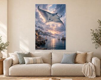 Flying Manta Ray Art Print | Dreamlike Coastal Harbour Wall Decor