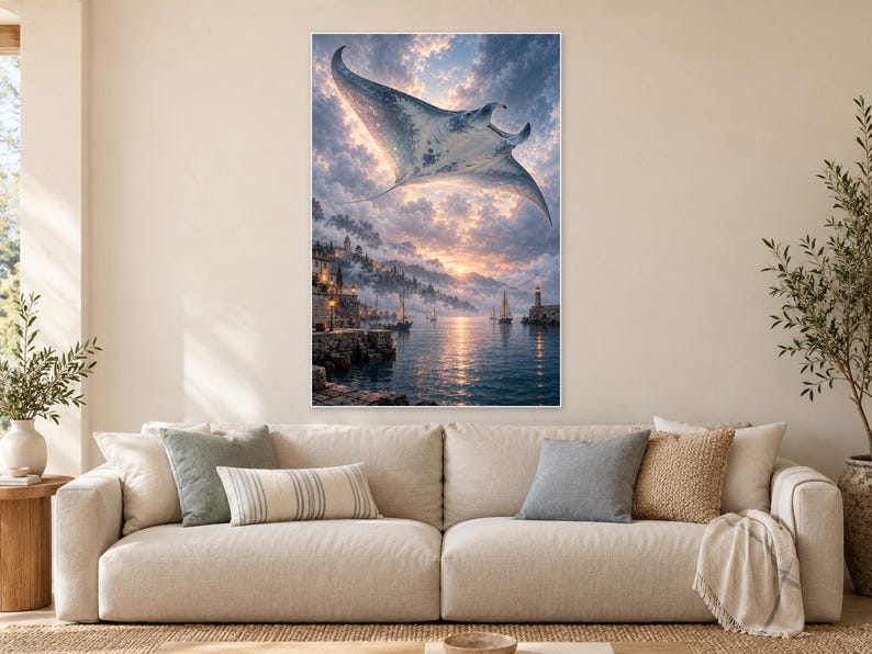 Flying Manta Ray Art Print | Dreamlike Coastal Harbour Wall Decor image 1