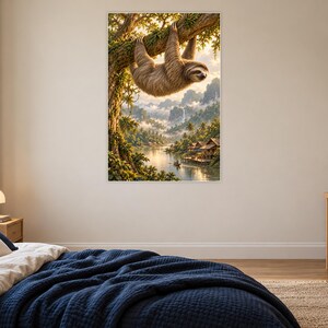 Sloth Art Print | Tropical River Village Fantasy Wall Decor image 16