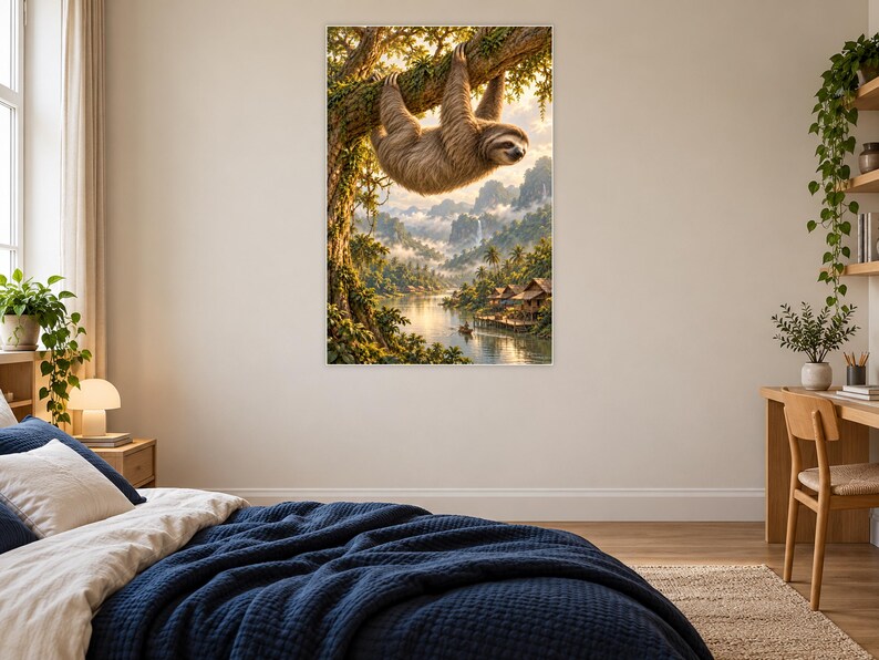 Sloth Art Print | Tropical River Village Fantasy Wall Decor image 16