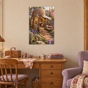May include: A rectangular wall art print featuring a detailed illustration of a domed, woven-style structure nestled in a lush garden with stone steps, surrounded by purple and pink flowers, displayed in a room with a wooden desk and chair.