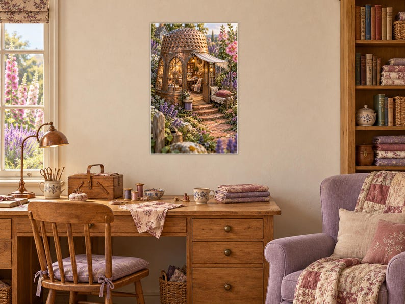 May include: A rectangular wall art print featuring a detailed illustration of a domed, woven-style structure nestled in a lush garden with stone steps, surrounded by purple and pink flowers, displayed in a room with a wooden desk and chair.