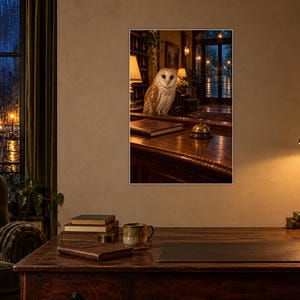 Barn Owl Hotel Desk Art Print | Warm Night Library Wall Decor image 2