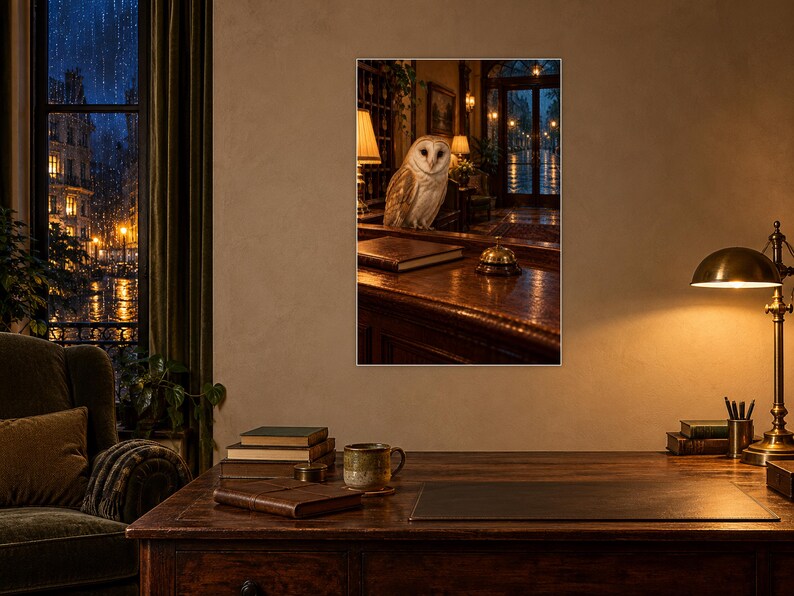 Barn Owl Hotel Desk Art Print | Warm Night Library Wall Decor image 2