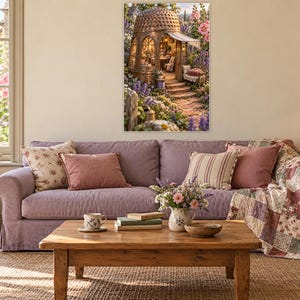 May include: A rectangular wall art print featuring a detailed illustration of a domed, rustic garden structure surrounded by blooming flowers and greenery, displayed in a living room above a lavender sofa with decorative pillows.