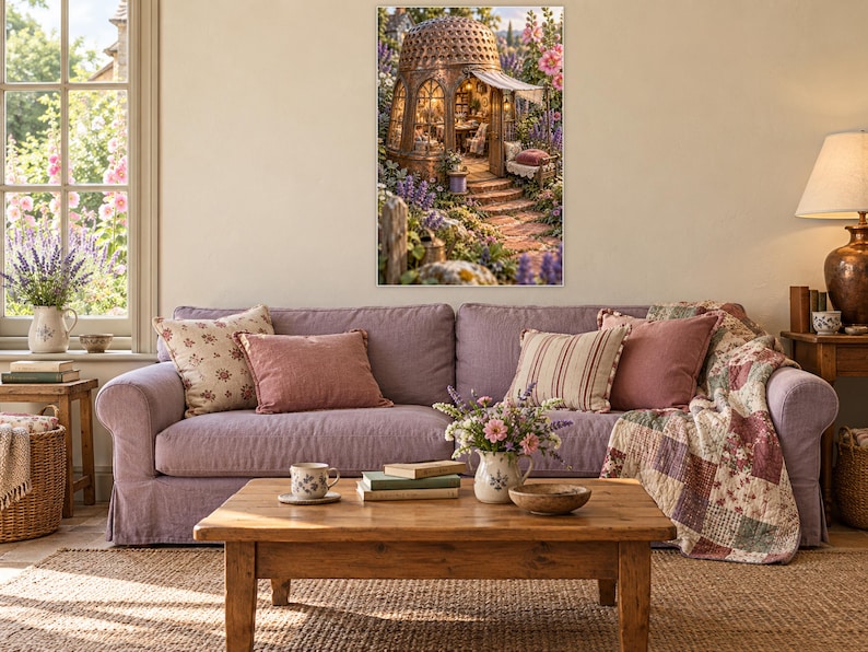 May include: A rectangular wall art print featuring a detailed illustration of a domed, rustic garden structure surrounded by blooming flowers and greenery, displayed in a living room above a lavender sofa with decorative pillows.