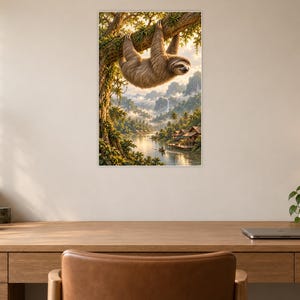 Sloth Art Print | Tropical River Village Fantasy Wall Decor image 6