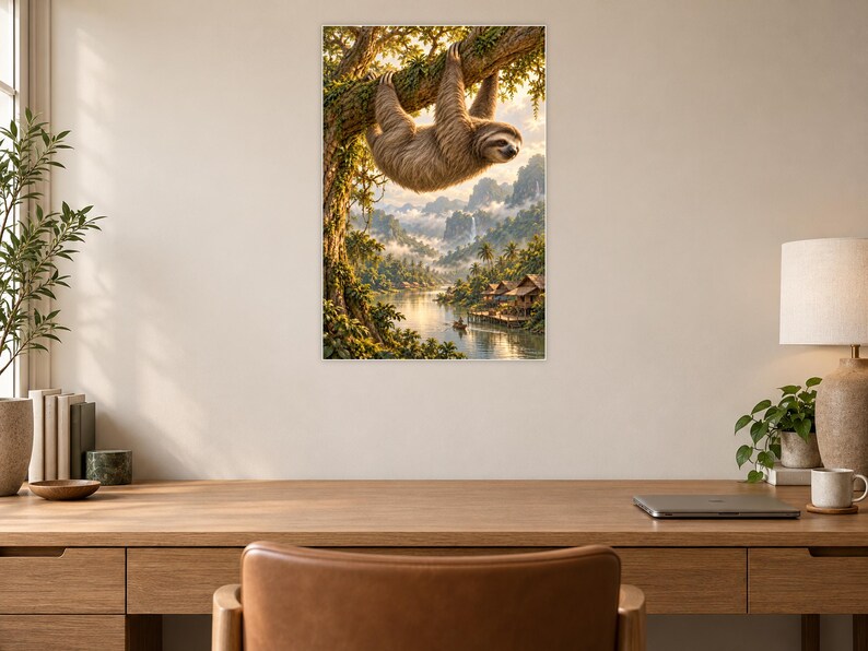 Sloth Art Print | Tropical River Village Fantasy Wall Decor image 6
