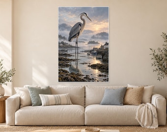 Grey Heron Art Print | Coastal Village Fantasy Wall Decor