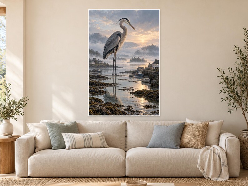 Op de afbeelding: Een verticale wandkunstprint met een grote grijze reiger die bij zonsopgang in ondiep kustwater staat. De sc&egrave;ne bevat een mistige kustlijn, kleine boten en verre heuvels onder een zachte lucht met wolken.