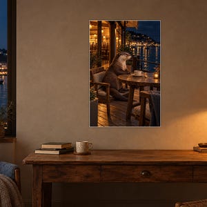 Kunstdruck „Otter Café“ | Wanddekoration für Kaffeeliebhaber bei Nacht am Wasser Bild 2