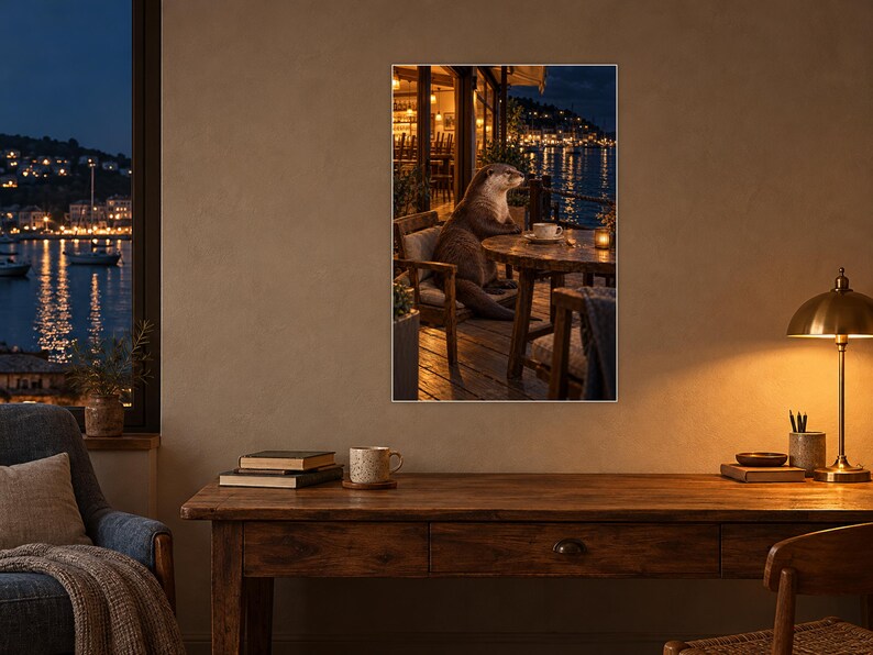 Kunstdruck „Otter Café“ | Wanddekoration für Kaffeeliebhaber bei Nacht am Wasser Bild 2