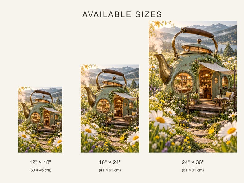 May include: Three vertical wall art prints labeled AVAILABLE SIZES, showing a teapot-shaped house in a field of daisies. Sizes listed are 12" x 18", 16" x 24", and 24" x 36". The scene features a green metal teapot dwelling with a porch.