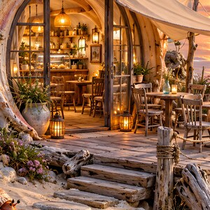 Op de afbeelding: Een kustcaf&eacute; met een houten terras, zitplaatsen buiten en een gebogen ingang. Het interieur is voorzien van warme verlichting, houten tafels, stoelen en planken met planten. Een grote stenen plantenbak staat bij de ingang en lantaarns verlichten de houten treden die naar de zanderige grond leiden.