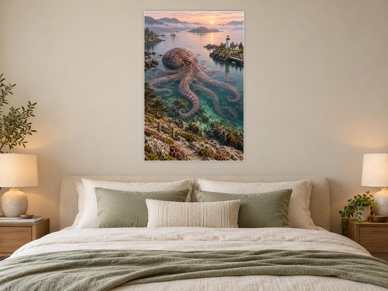 Octopus Art Print | Coastal Lighthouse Fantasy Wall Decor image 4
