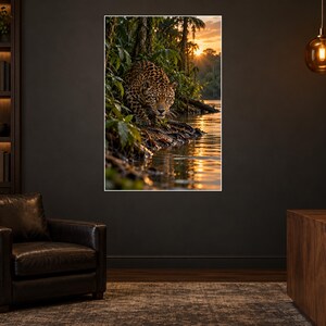 K&ouml;nnte beinhalten: Ein rechteckiger Wandkunstdruck, der einen gefleckten Jaguar zeigt, der am Ufer eines Flusses kauert. Die Szene spielt in einer &uuml;ppigen, gr&uuml;nen Dschungelumgebung w&auml;hrend eines goldenen Sonnenuntergangs, wobei sich das warme Licht auf dem Wasser spiegelt.