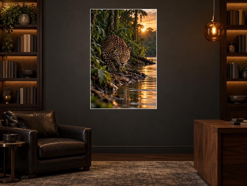 K&ouml;nnte beinhalten: Ein rechteckiger Wandkunstdruck, der einen gefleckten Jaguar zeigt, der am Ufer eines Flusses kauert. Die Szene spielt in einer &uuml;ppigen, gr&uuml;nen Dschungelumgebung w&auml;hrend eines goldenen Sonnenuntergangs, wobei sich das warme Licht auf dem Wasser spiegelt.