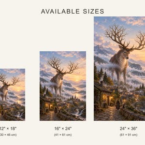 Lámina artística de ciervo gigante / Decoración de pared de fantasía de pueblo de montaña imagen 4