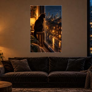 Black Cat Window Art Print | Rainy City Skyline Wall Decor image 1