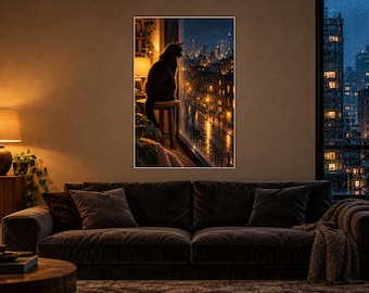 Black Cat Window Art Print | Rainy City Skyline Wall Decor