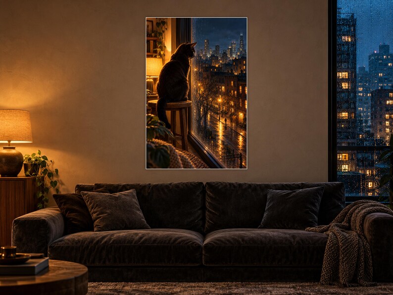 Black Cat Window Art Print | Rainy City Skyline Wall Decor image 1