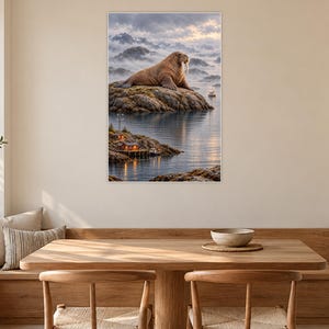 以下が含まれることがあります： 穏やかな湾の岩だらけの島で休む茶色のセイウチを描いた額装されたウォールアートプリント。手前には窓が光る小さな小屋が岸辺にあり、背景には霧のかかった山々が見える。