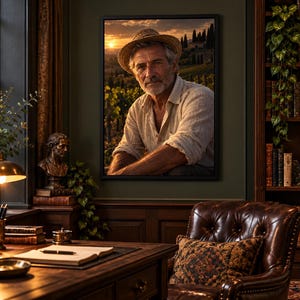 Framed Italian Vineyard Farmer Portrait Print | Tuscany Wall Art | Warm Cinematic Character Poster image 1