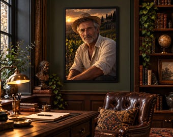Framed Italian Vineyard Farmer Portrait Print | Tuscany Wall Art | Warm Cinematic Character Poster
