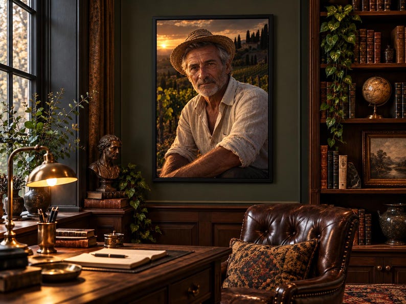 Framed Italian Vineyard Farmer Portrait Print | Tuscany Wall Art | Warm Cinematic Character Poster image 1