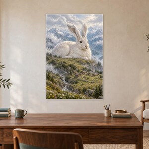 Lámina artística de liebre de montaña blanca / Decoración de pared de fantasía de pueblo alpino imagen 2