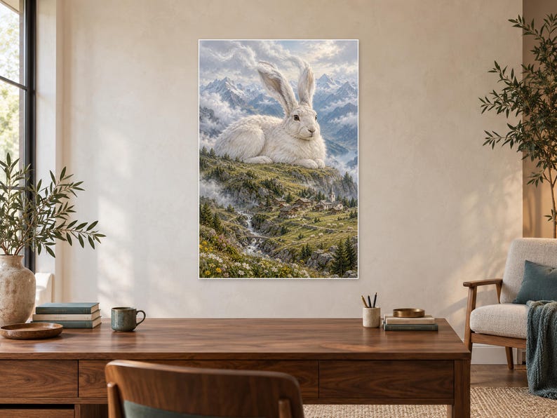 Lámina artística de liebre de montaña blanca / Decoración de pared de fantasía de pueblo alpino imagen 2