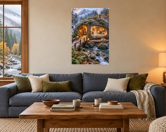 Kunstprint van het Riverstone-badhuis | Muurdecoratie voor de badkamer met bergbeek