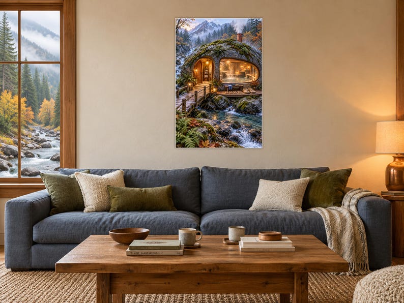 Riverstone Bathhouse Art Print | Mountain Stream Bathroom Wall Decor image 1