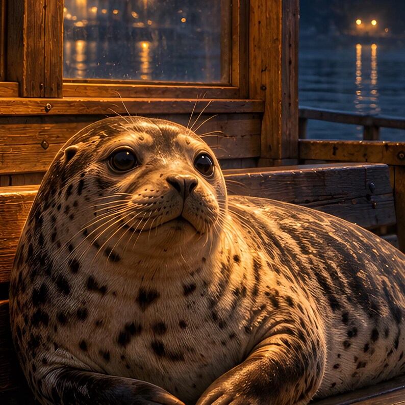 May include: A harbor seal with a spotted coat and large dark eyes rests on a wooden surface. The seal has long whiskers and a rounded head, with its body angled toward the right. The lighting is warm and golden, highlighting the texture of the fur.
