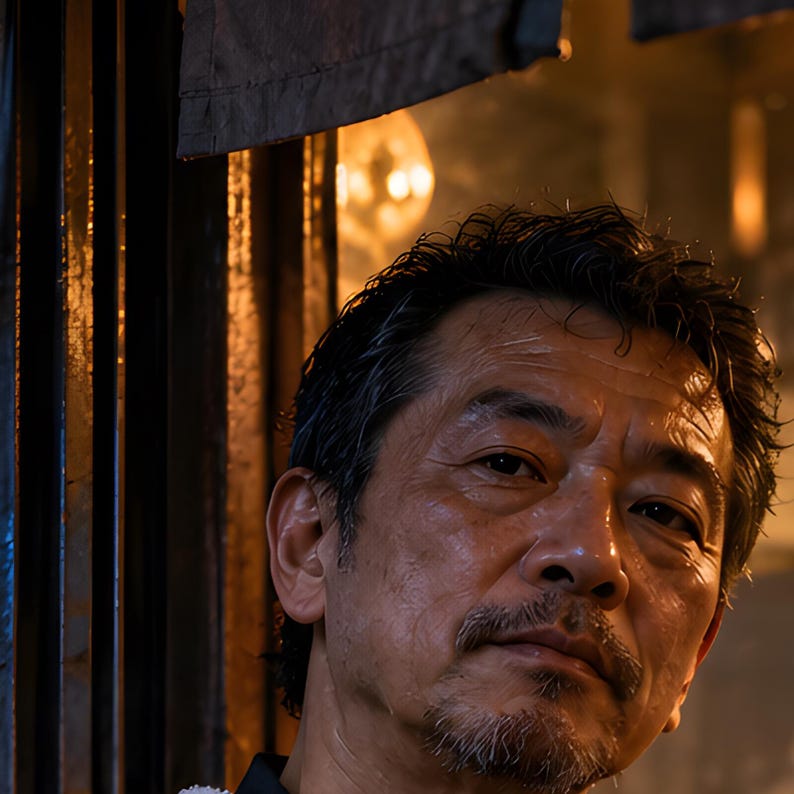 May include: A middle-aged person with dark, slightly damp hair and a short, trimmed beard. The person has a serious expression, with visible skin texture and fine lines, positioned near a dark, vertical wooden structure with warm lighting.