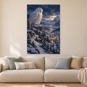 以下が含まれることがあります： 夕暮れ時の雪山風景を描いた縦型のウォールアートプリント。大きな白いフクロウが岩だらけの崖の上に止まり、小さな村、松の木、雪に覆われた山頂がある谷を見下ろしている。空は暗く、雲が広がっている。