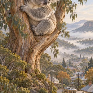 Koala Art Print | Eucalyptus Village Fantasy Wall Decor bild 1
