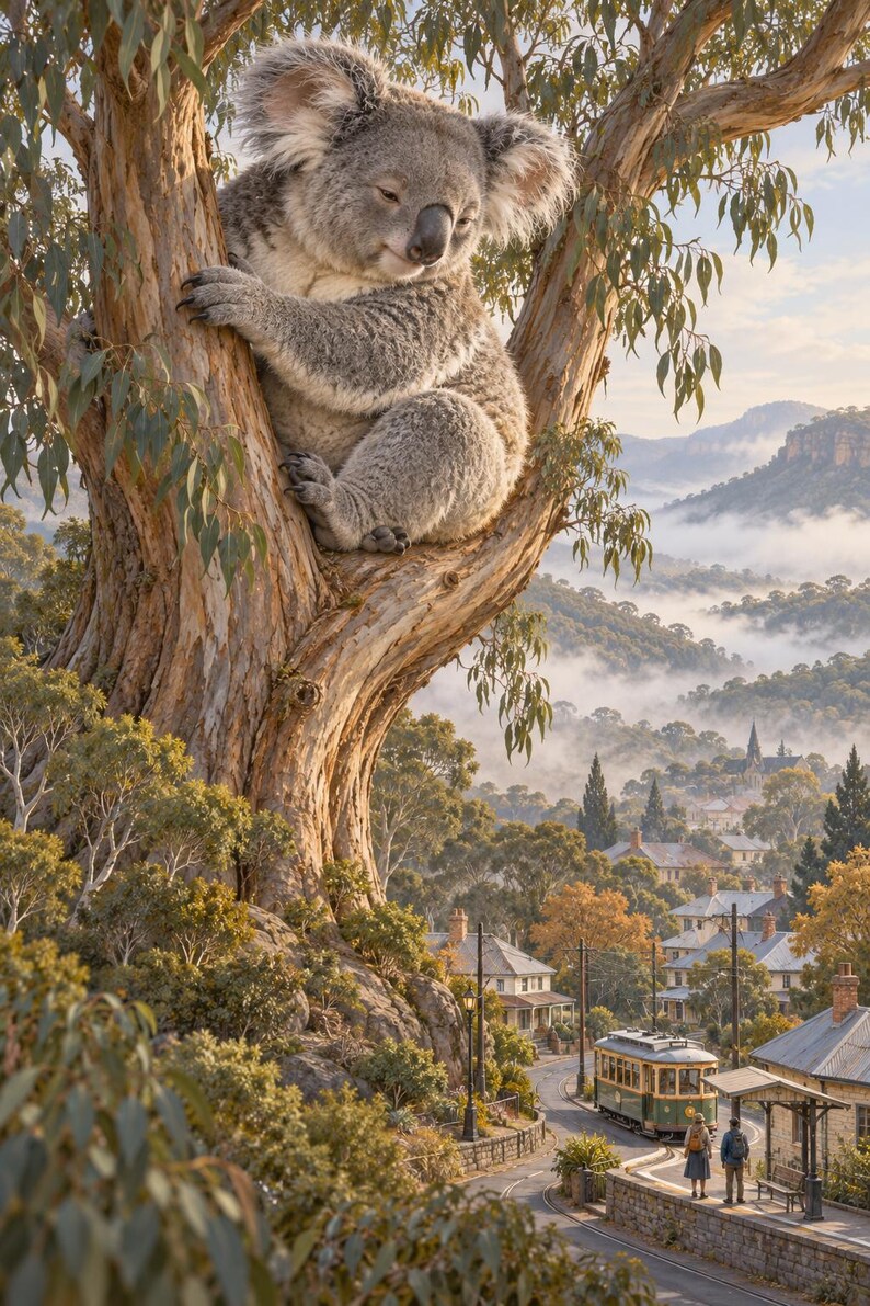 Koala Art Print | Eucalyptus Village Fantasy Wall Decor bild 1