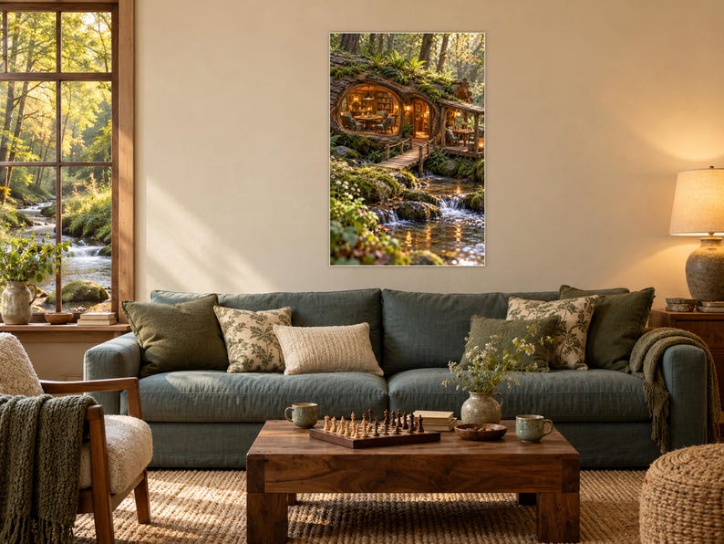 Woodland Game Room Art Print | Cozy Cabin Stream Wall Decor image 1