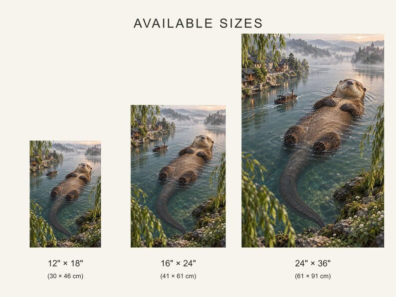 Pu&ograve; includere: Tre stampe artistiche verticali raffiguranti una lontra gigante che galleggia in un fiume nebbioso vicino a un villaggio. Le dimensioni indicate sono 30 cm per 46 cm, 41 cm per 61 cm e 61 cm per 91 cm, con le relative conversioni imperiali.